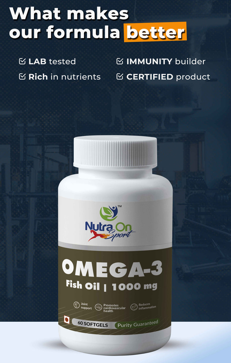 Nutra On Omega 3 Fish Oil I 1000 mg Omega -3, with (EPA 180mg & DHA 120mg) I For Brain, Heart, Eyes, and Joints Health-  60 Softgels for Men & Women