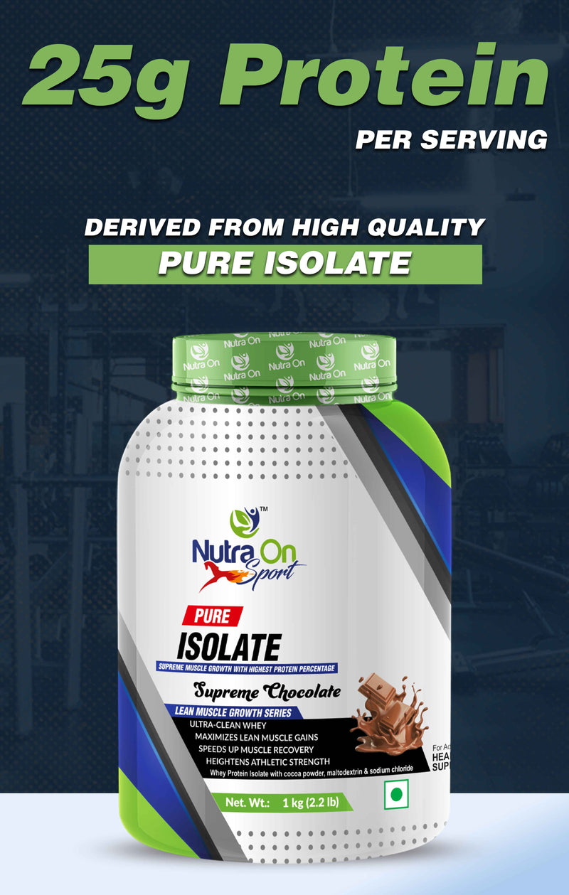 Nutra On Sport | Pure Isolate | 25g Protein, 6.2g BCAA| 1 kg - Supreme Chocolate (28 Servings)