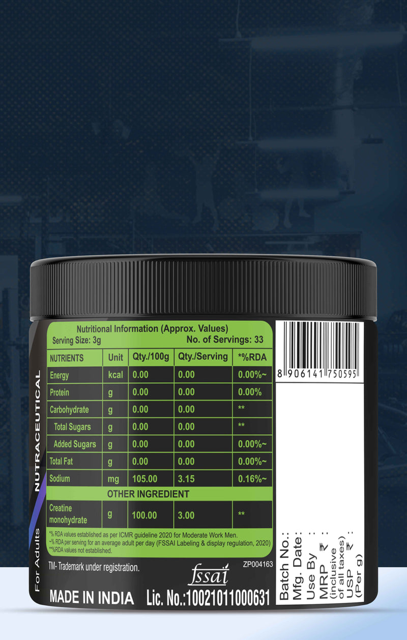Micronised Creatine Monohydrate Powder - Unflavoured - 100g (33 Servings)